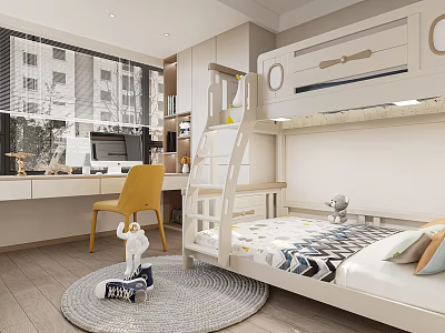 Kids Room Interior With Bunk Bed Desk Yellow Chair Rug And Toys 3d model