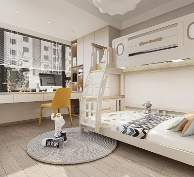 Kids Room Interior With Bunk Bed Desk Yellow Chair Rug And Toys 3d model