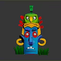 Scenic Tropical Beach Landscape With Colorful Two Headed Statue Green Grass And Yellow Sand