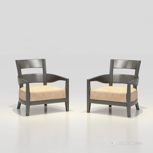 Two Modern Leisure Chairs With Dark Frame And Light Upholstered Seats 3d model