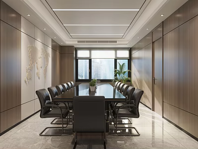 Modern Conference Room Interior Design With Long Table Black Chairs And Wooden Walls 3d model