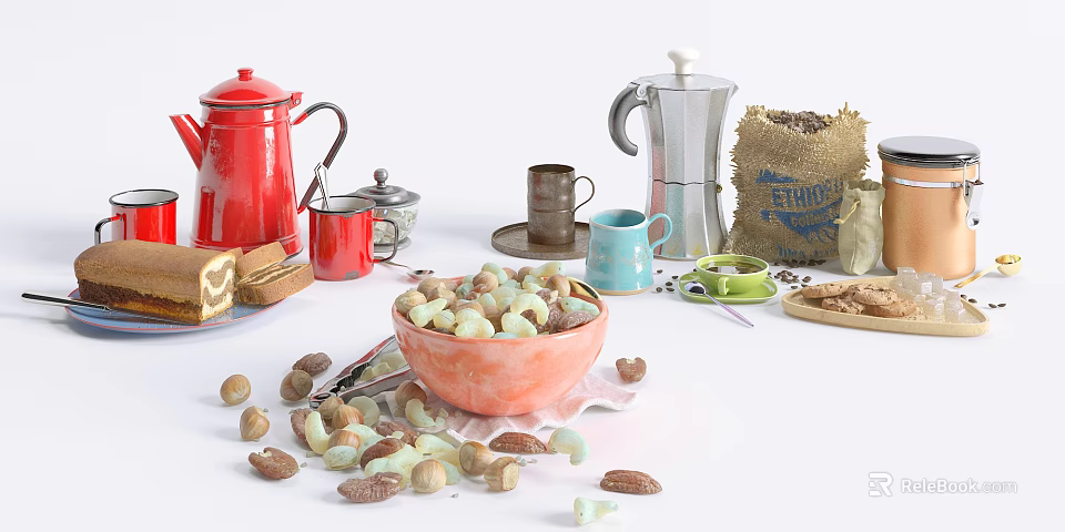Fresh Almonds and Assorted Nuts in Ceramic Bowl with Coffee Pot and Beans 3d model 