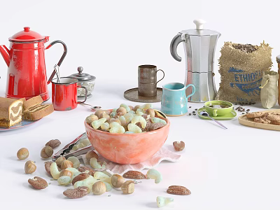 Fresh Almonds and Assorted Nuts in Ceramic Bowl with Coffee Pot and Beans 3d model