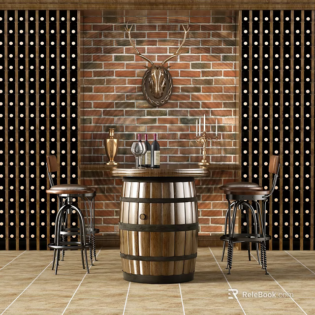 Barrel Table and Stools Against Brick Wall With Deer Head Decor Wine Bottles and Candlesticks 3d model 