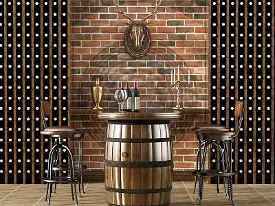 Barrel Table and Stools Against Brick Wall With Deer Head Decor Wine Bottles and Candlesticks 3d model