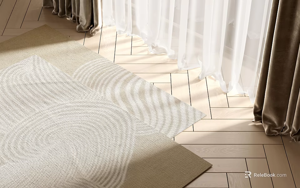 Light Beige Square Rug With Spiral Pattern On Wooden Floor In Natural Light 3d model 