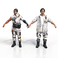 Two Biomechanical Characters In Gray Utility Suits With Yellow Accents And Backpacks