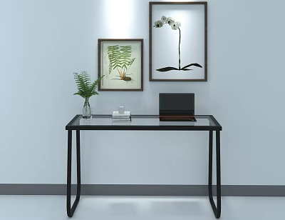 Modern Glass Top Desk With Green Plant Vase Laptop Books and Framed Botanical Prints 3d model