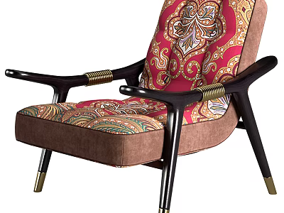 Stylish Accent Chair With Patterned Red Upholstery Black Wooden Arms And Gold Decor Accents 3d model