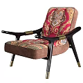 Stylish Accent Chair With Patterned Red Upholstery Black Wooden Arms And Gold Decor Accents