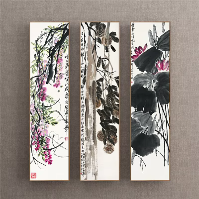 Set of Three Traditional Chinese Botanical Paintings with Wisteria Pine Cones and Lotus Blossoms 3d model