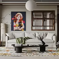 Elegant Living Room Interior Featuring Green Chair Black Bookshelf White Sculpture And Patterned Rug