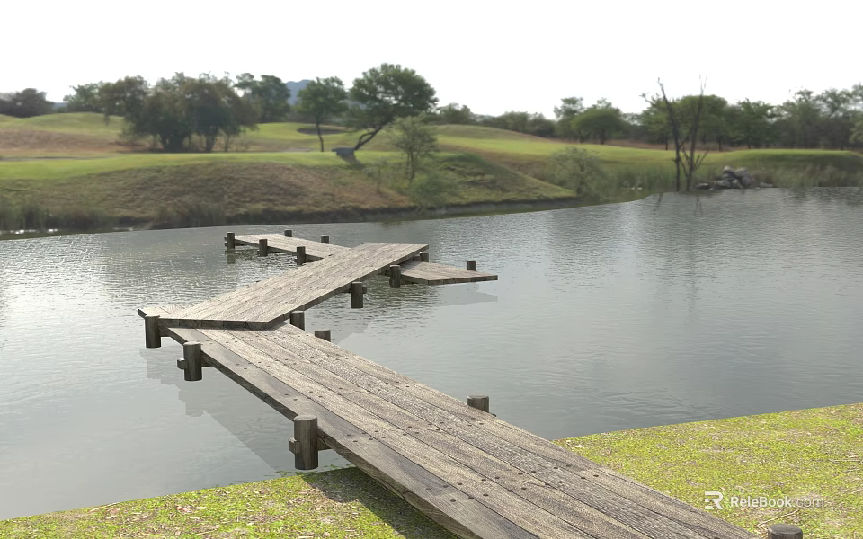 Scenic Road Facilities Featuring Wooden Boardwalk Over Water Area with Grassland and Trees 3d model 