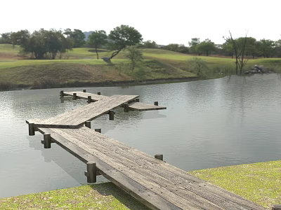 Scenic Road Facilities Featuring Wooden Boardwalk Over Water Area with Grassland and Trees 3d model