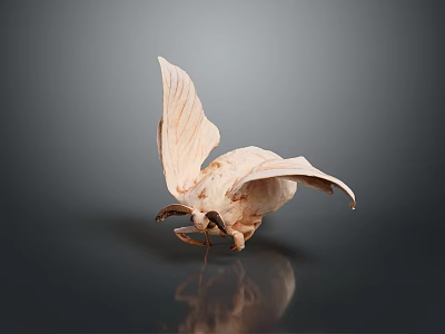 Delicate Wooden Carved Moth With Unfolded Wings On Dark Background And Reflection 3d model