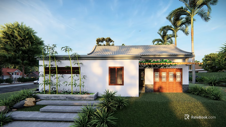 Detached Villa With White Exterior Traditional Roof Lawn Stone Steps Bamboo And Palm Trees 3d model 