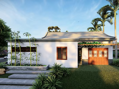 Detached Villa With White Exterior Traditional Roof Lawn Stone Steps Bamboo And Palm Trees 3d model