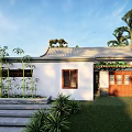 Detached Villa With White Exterior Traditional Roof Lawn Stone Steps Bamboo And Palm Trees