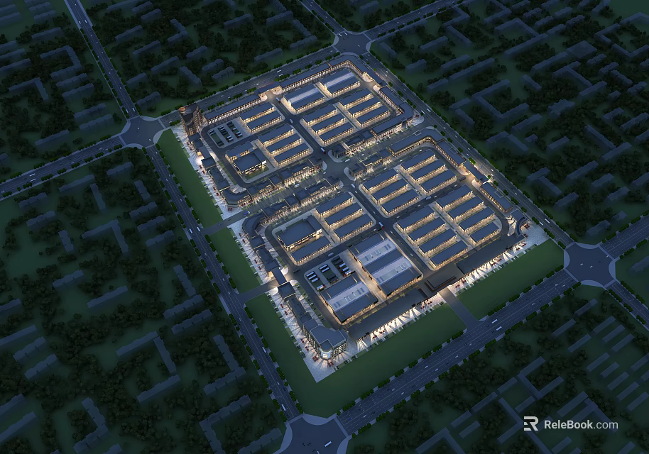 Aerial View Planning of Large Commercial Complex With Organized Layout Surrounding Roads And Green Spaces 3d model 