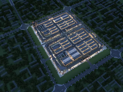 Aerial View Planning of Large Commercial Complex With Organized Layout Surrounding Roads And Green Spaces 3d model