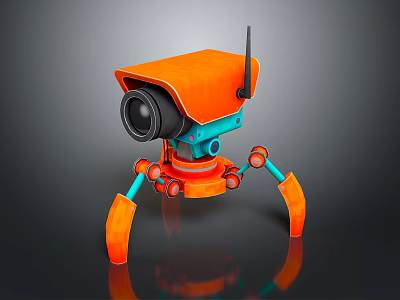 Orange And Blue Mechanical Robot With Camera Antenna And Robotic Legs 3d model