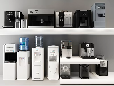 Modern Household Appliances Display Featuring Coffee Makers And Water Dispensers On Shelves 3d model