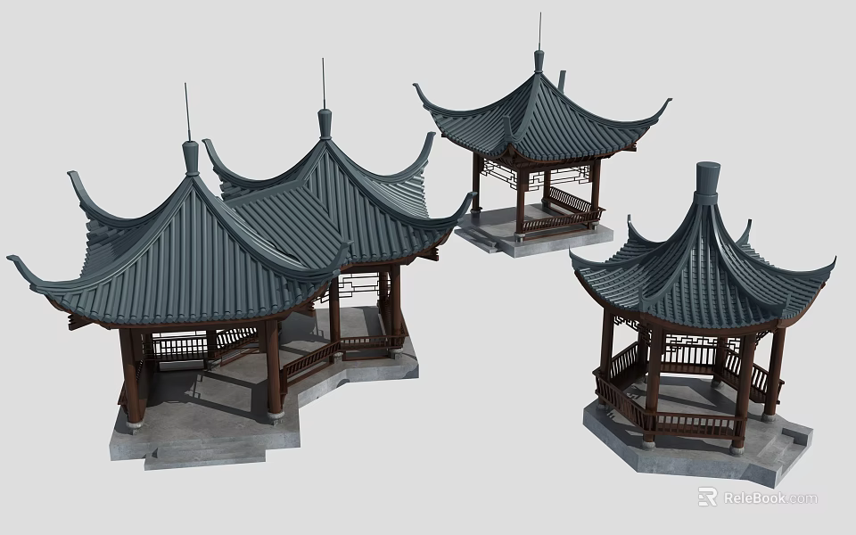 Chinese Traditional Pavilions with Curved Eaves and Wooden Structures in 3D Rendering 3d model 