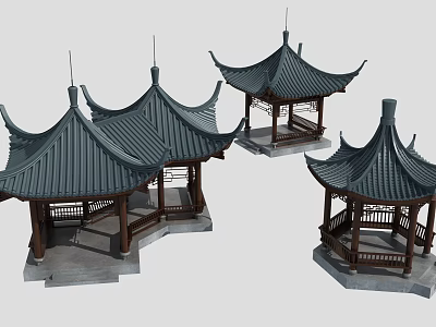 Chinese Traditional Pavilions with Curved Eaves and Wooden Structures in 3D Rendering 3d model