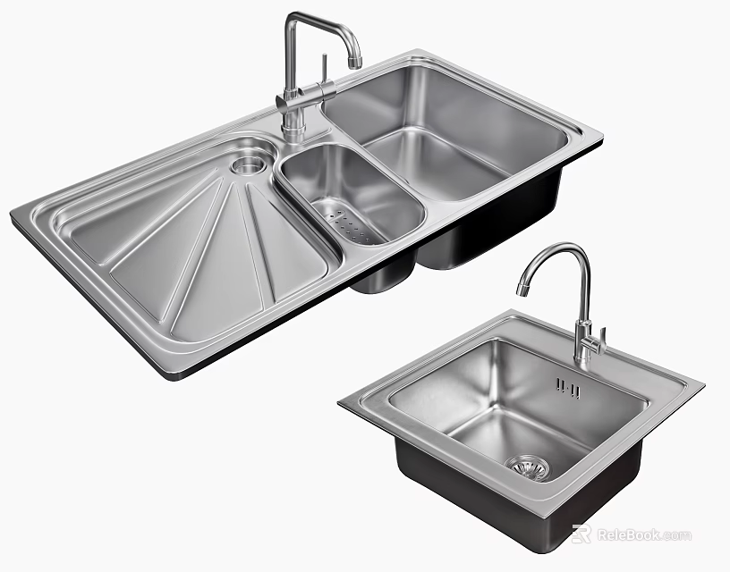 Stainless Steel Kitchen Sink With Double Bowl Single Bowl And Faucet Design 3d model 