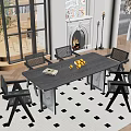 Modern Restaurant Interior With Black Dining Table Chairs Fireplace Artwork Checkerboard Rug And Oranges