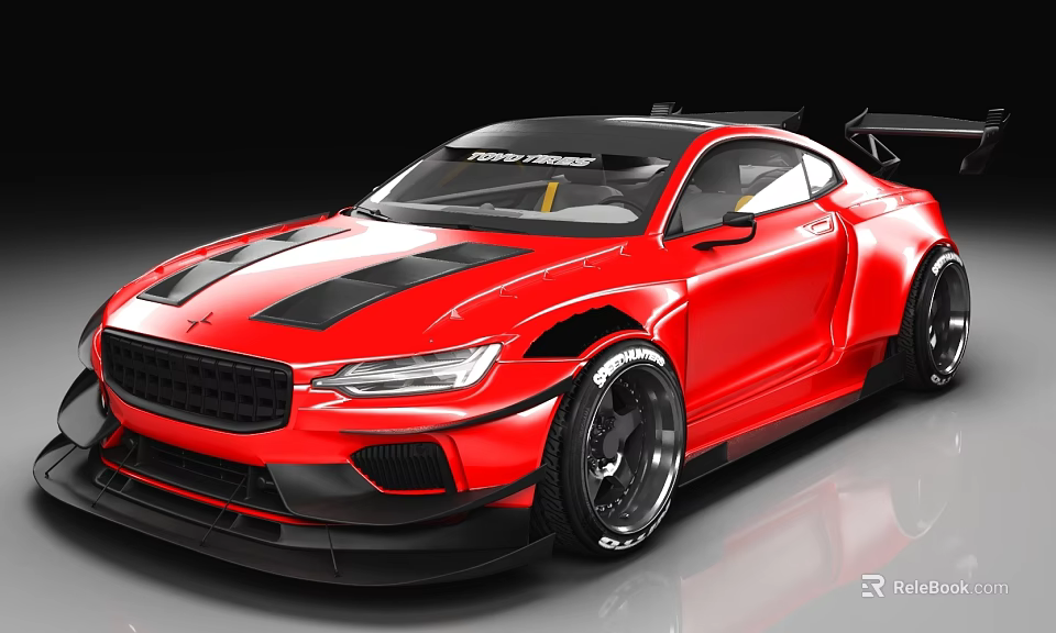 Red Modified Sports Car With Rear Spoiler Black Stripes And Sporty Wheels 3d model 