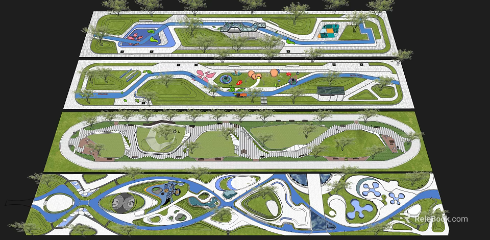 Park Landscape Design Layouts With Walking Paths Green Spaces And Water Features 3d model
