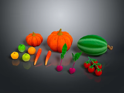 Fresh Various Crops Including Pumpkins Watermelon Apples Carrots Radishes And Tomatoes 3d model