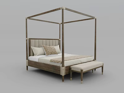 Stylish Double Bed with Four Poster Frame Upholstered Headboard Soft Pillows and Bench 3d model