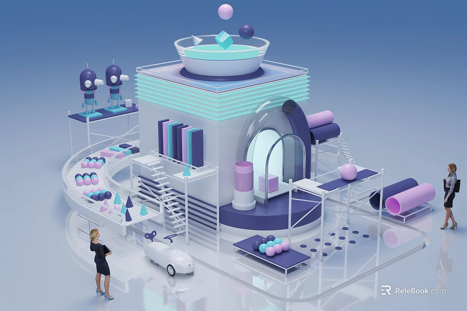 3D Modern Architectural Model With Purple Blue Tones Spiral Staircase Circular Arch Small Car Figure 3d model 