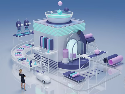 3D Modern Architectural Model With Purple Blue Tones Spiral Staircase Circular Arch Small Car Figure 3d model