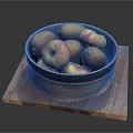 Fresh Yellow And Red Mixed Fruits In Black Bowl On Wooden Cutting Board