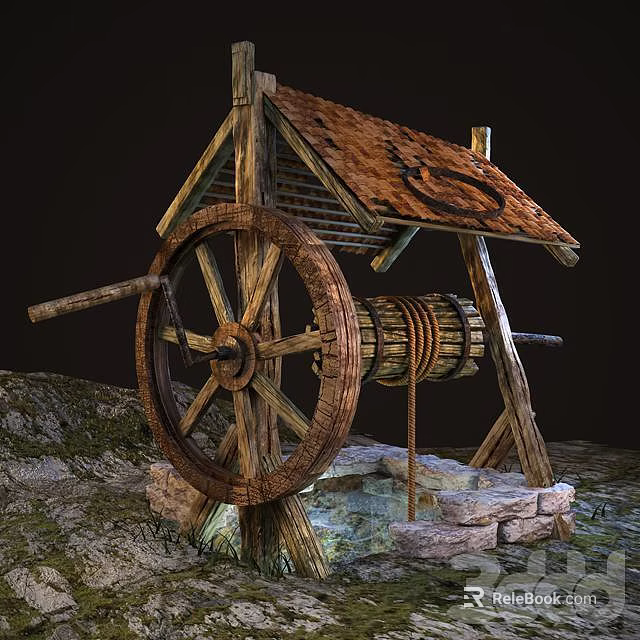 Rustic Garden Ornament With Wooden Wheel Thatched Roof And Stone Base 3d model 