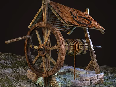 Rustic Garden Ornament With Wooden Wheel Thatched Roof And Stone Base 3d model