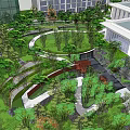 Curved White Pathways In Lush Green Garden Landscape With Dense Trees And Architectural Structures