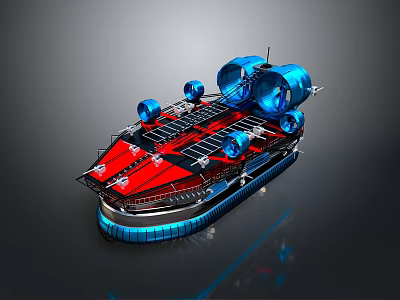 Red And Blue Hovercraft With Multiple Blue Fans Top Panels And Air Cushion Base 3d model