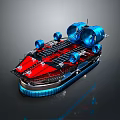 Red And Blue Hovercraft With Multiple Blue Fans Top Panels And Air Cushion Base
