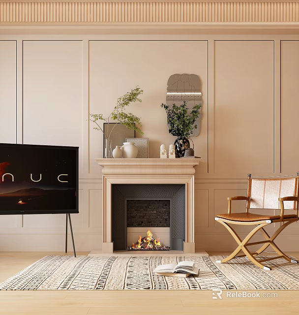 Modern Fireplace In Cozy Living Room With Decorations 3d model 