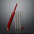 Cricket Sports Equipment Setup With Red Bat Wooden Stumps And Leather Ball