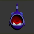 Purple Cartoon Fish with Big Blue Eyes Open Mouth Red Tongue White Teeth Curved Antenna