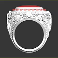 Elegant White Carved Ring With Red Gemstone And Pink Dots Design