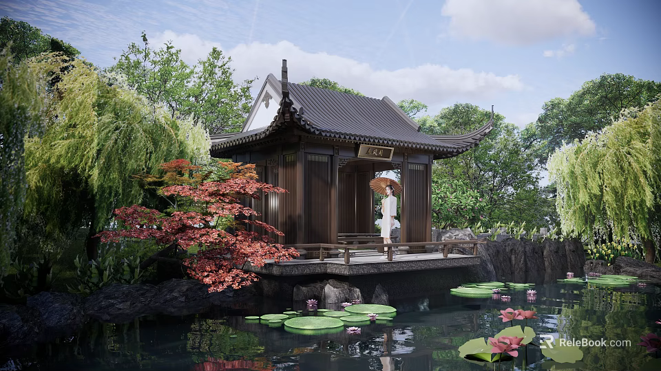 Scenic Chinese Style Garden View With Pavilion Red Maple Tree Lotus Pond And Person With Umbrella 3d model 