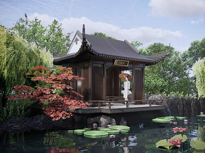 Scenic Chinese Style Garden View With Pavilion Red Maple Tree Lotus Pond And Person With Umbrella 3d model