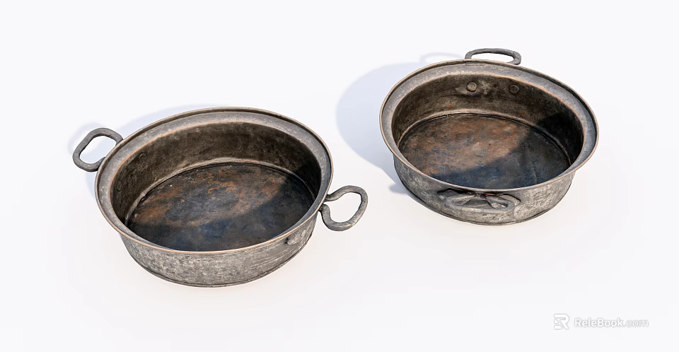 Vintage Metal Kitchen Cookware Double Handled Pots With Rustic Finish 3d model 