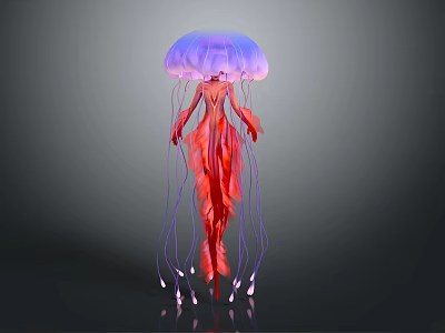Mystical Humanoid Jellyfish Creature With Purple Bell Red Tentacles And Bioluminescent Glow Against Dark Backdrop 3d model